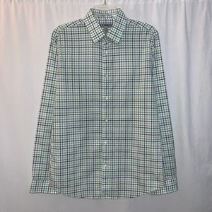 Express Men’s Button Up White Green Checkered Shirt Size‎ M 15/15.5 Fitted